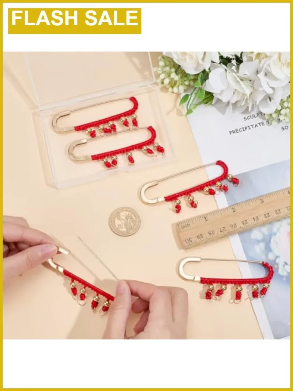 6PC Vintage Safety Brooch Pins with Red Rope Evil Eye Protection Charm Gold